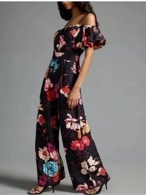 Anthropologie Floral Off-Shoulder Wide-Leg Jumpsuit - Black Floral